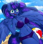  2015 anthro anthrofied beach beach_ball bikini blue_eyes blue_fur blue_hair blush clothing cloud cutie_mark equine female freckles friendship_is_magic fur hair hi_res horn long_hair looking_at_viewer mammal my_little_pony navel open_mouth outside princess_luna_(mlp) seaside solo swimsuit winged_unicorn wings ziemniax 