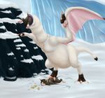  2015 ambiguous_gender anthro bottomless brown_fur butt capcom claws clothed clothing drooling eyeless feline feral flying_wyvern fur half-dressed khezu mammal melyne monster_hunter nude outside paws pink_skin rorix saliva scalie size_difference snow teeth toe_claws video_games vore white_fur wings wyvern 