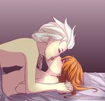  anna_(frozen) bed blanket blush braid closed_eyes elsa_(frozen) freckles french_kiss frozen_(disney) incest interlocked_fingers kiss lying multiple_girls nobyas nude orange_hair siblings sisters source_request tongue upper_body white_hair yuri 