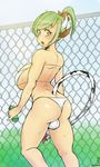  1girl ass bikini breasts bulge chain-link_fence cow_girl fence from_behind full-package_futanari futanari green_hair grey_eyes large_breasts original ponytail rozencruz sideboob solo swimsuit tail white_bikini 