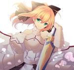  agekichi_(heart_shape) ahoge armor armored_dress artoria_pendragon_(all) bad_id bad_pixiv_id bare_shoulders blonde_hair fate/stay_night fate/unlimited_codes fate_(series) green_eyes ponytail saber saber_lily solo sword weapon 