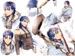  black_gloves blue_cape blue_hair bracer cape carrying_over_shoulder closed_mouth cu_chulainn_(fate/grand_order) earrings elbow_gloves fate/grand_order fate_(series) fingerless_gloves fur-trimmed_cape fur_trim gae_bolg gloves hand_on_hip hand_on_own_arm holding holding_arm holding_weapon jewelry lancer licking long_hair looking_at_viewer looking_away male_focus multiple_views polearm profile sideways_glance simple_background skin_tight smirk spear staff strapless weapon white_background yuu_(guruko) 