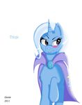  2011 blue_fur blue_hair blush cape clothed clothing doomthewolf english_text equine feral friendship_is_magic fur gem hair horn mammal multicolored_hair my_little_pony purple_eyes raised_leg simple_background smile solo text trixie_(mlp) two_tone_hair unicorn white_background 