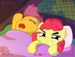  2015 apple_bloom_(mlp) camping cub duo earth_pony equine female friendship_is_magic grumpy hair horse mammal messy_hair my_little_pony open_mouth pegasus pony purple_hair rainihorn scootaloo_(mlp) tent waking_up wings yawn young 