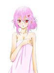  blush breasts cleavage guilty_crown hair_bun highres long_hair looking_at_viewer marker_(medium) naked_towel open_mouth pink_hair red_eyes sarina_(tosiyukiryousuke) solo towel traditional_media wet yuzuriha_inori 