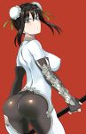  artist_request ass back black_hair bodysuit breasts bun_cover chinese_clothes double_bun erect_nipples fate/grand_order fate_(series) fingerless_gloves gloves green_eyes highres large_breasts looking_at_viewer looking_back ninja open_mouth pants polearm qin_liangyu_(fate) shiny shiny_clothes shiny_hair short_hair sideboob skin_tight solo spear standing tight tight_pants weapon 