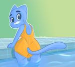  anthro cat clothed clothing feline female looking_at_viewer looking_back mammal nicole_watterson one-piece_swimsuit paoguu partially_submerged rear_view simple_background smile solo swimming_pool swimsuit the_amazing_world_of_gumball water whiskers 
