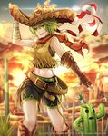  asymmetrical_gloves bandages black_shorts boots brown_gloves elbow_gloves gloves green_hair highres lost_crusade midriff namaru_(summer_dandy) navel ribbon short_hair shorts solo striped striped_ribbon 