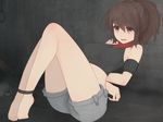  arms_behind_back bare_shoulders barefoot bdsm bondage bound brown_eyes brown_hair character_request crop_top female game_cg gradient gradient_background midriff miniature_garden_-_zenpen_- open_mouth ponytail sekirara short_hair shorts sitting sleeveless solo 
