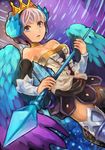  arm_warmers armor armored_dress bare_shoulders blue_background blue_eyes boots choker crown gwendolyn multicolored multicolored_wings odin_sphere polearm purple_background short_hair skirt solo soraao_(aokabi) spear thigh_boots thighhighs weapon white_hair wings 