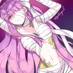  bandage_over_one_eye bandaged_arm bandaged_head bandaged_neck bandages bangs byulrorqual fate/extra fate/extra_ccc fate/extra_ccc_fox_tail fate_(series) frown kingprotea long_hair midriff navel purple_eyes purple_hair solo twitter_username 