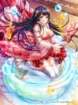  1girl black_hair blue_eyes breasts cleavage closed_mouth dress female fish floral_print frilled_skirt frills hair_ornament hobak long_hair long_sleeves looking_at_viewer skirt smile solo straight_hair sword_girls thighhighs water white_legwear white_thighhighs zettai_ryouiki 
