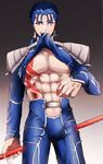  abs blue_hair bulge come_hither fate/grand_order fate/stay_night fate_(series) gae_bolg lancer male_focus midriff mouth_hold polearm ponytail shirt_lift smirk solo spear tattoo weapon yuu_(guruko) 