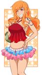  1girl border earring earrings hand_on_hip jewelry long_hair nami nami_(one_piece) one_eye_closed one_piece orange_eyes orange_hair smile solo tattoo wink 