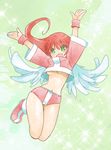  :d arms_up astra_super_stars bare_legs breasts buruma curly_hair full_body green_background green_eyes highres maron_(astra_super_stars) medium_breasts midriff muramasa_mikado navel no_bra open_mouth pink_footwear pink_shirt red_hair shirt shoes short_hair smile solo underboob white_wings wings wrist_cuffs 