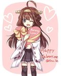  ahoge boots brown_hair burning_love_(phrase) happy_valentine heart kantai_collection kongou_(kantai_collection) long_hair lowres nekoyanagi_reo nontraditional_miko solo thigh_boots thighhighs twitter_username valentine zettai_ryouiki 