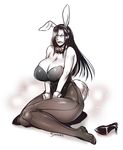  animal_ears bare_shoulders bow bowtie breasts bunny_ears bunny_girl bunny_tail bunnysuit cleavage clenched_teeth embarrassed gloves greyscale high_heels highres huge_breasts joka_(hiwai) large_breasts long_hair looking_at_viewer mature monochrome pantyhose sharp_teeth shoes simple_background single_shoe sitting solo tail teeth wariza wrist_cuffs 