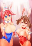  absurdres alternate_costume animal_ears bare_shoulders blue_eyes blush bow bowtie breast_suppress breasts brown_hair bunny_ears bunny_girl bunnysuit bursting_breasts cleavage detached_collar fuuro_(pokemon) haruka_(pokemon) highres large_breasts long_hair looking_at_viewer multiple_girls open_mouth pantyhose pokemon pokemon_(game) pokemon_bw pokemon_oras pokemon_rse red_eyes red_hair toranoe two_side_up upper_body v wrist_cuffs 