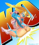  ass bad_id bad_pixiv_id blonde_hair blue_eyes blue_leotard boots breasts buttjob commentary cum dieselbrain ejaculation huge_ass huge_breasts leotard long_hair mask microphone penis projectile_cum rainbow_mika solo street_fighter street_fighter_v thick_thighs thighs twintails white_legwear 