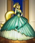  2015 anthro bedroom_eyes blonde_hair changeling cleavage clothed clothing crown door dress elbow_gloves fan_character fangs female gloves hair half-closed_eyes my_little_pony necklace solo star toughset 