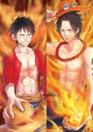  brothers character_name fire freckles gradient gradient_background hat headwear_removed male_focus monkey_d_luffy multiple_boys one_piece portgas_d_ace sash scar siblings smile stampede_string straw_hat tattoo topless 