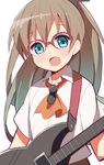 9law :d aqua_eyes bespectacled brown_hair electric_guitar glasses guitar instrument kantai_collection kumano_(kantai_collection) long_hair looking_at_viewer open_mouth simple_background smile solo white_background 