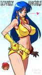  3: aqua_background blue_eyes blue_hair breasts cleavage copyright_name crop_top dirty_pair earrings gloves hand_on_hip headband heart jewelry kei_(dirty_pair) large_breasts long_hair multiple_girls one_eye_closed raisuta red_hair shiny shiny_skin short_hair single_glove smile solo_focus star starry_background yuri_(dirty_pair) 