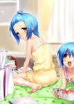  :d alternate_hairstyle bag bandages barefoot blue_eyes blue_hair blush blush_stickers book dual_persona forehead little_busters! multiple_girls nishizono_midori nishizono_mio open_book open_mouth out_of_frame parted_lips shopping_bag short_hair smile topknot zen 