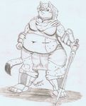  2015 anthro armor belly big_belly big_breasts big_thighs breasts feline female lynx mammal melee_weapon monochrome musclegut navel overweight panzerschreckleopard pencil sword weapon 