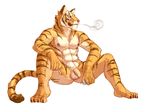  496549736_(artist) abs anthro areola balls barefoot biceps butt cigarette claws feline fur long_foreskin looking_away male mammal manly muscles navel nipples pecs penis simple_background sitting smoke smoking solo spread_legs spreading tiger toe_claws tongue tongue_out uncut white_background 