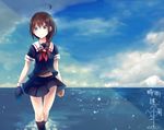  1girl ahoge black_serafuku blue_eyes blue_sky braid brown_hair cloud commentary_request day gloves hair_ornament hair_over_shoulder kantai_collection kiuzu_(ko_kiu2) necktie ocean pleated_skirt school_uniform serafuku shigure_(kancolle) single_braid skirt sky smile solo water 