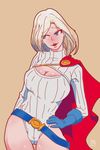  belt blonde_hair blue_eyes blue_gloves blush breasts cameltoe cape cleavage cleavage_cutout dc_comics gloves hand_on_hip highres large_breasts meme_attire open-chest_sweater power_girl red_hair_(artist) ribbed_sweater short_hair solo sweater thigh_gap turtleneck 