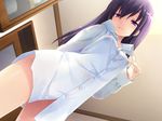  :3 brown_eyes cafe_sourire dress_shirt game_cg gayarou long_hair mole mole_under_eye naked_shirt purple_hair shirt solo wet wet_clothes wet_hair wet_shirt yukishita_miyuri 