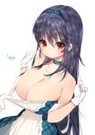  bad_id bad_pixiv_id bare_shoulders black_hair blush breasts brown_eyes choker cleavage collarbone gloves hairband large_breasts long_hair looking_at_viewer mole mole_on_breast original simple_background solo_focus sukja white_background white_gloves 