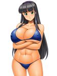  1girl bikini black_hair blush breast_hold breasts cleavage erect_nipples green_eyes huge_breasts kawanuma_uotsuri long_hair looking_at_viewer navel pout simple_background solo standing swimsuit white_background 