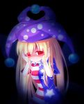  american_flag_dress black_background blonde_hair blush clownpiece evil_grin evil_smile full-face_blush glowing glowing_eyes grin hands_on_own_face hat jester_cap long_hair red_eyes shaded_face shirt short_sleeves simple_background smile solo star striped touhou upper_body z.o.b 