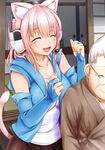  animal_ears bare_shoulders blush breasts bridal_gauntlets cat_ears cat_tail cleavage closed_eyes detached_sleeves elbow_gloves fingerless_gloves ganari_ryuu glasses gloves grey_hair headphones headset large_breasts long_hair massage multiple_girls old_woman open_mouth original pink_hair shoulder_massage smile super_tama_musume tail tamatoys 
