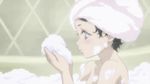 1girl animated animated_gif bare_shoulders bathtub bayonetta bayonetta:_bloody_fate black_hair blowing bubbles cereza child female grey_eyes short_hair smile solo towel water wet 