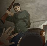  1girl 2boy 2boys backpack bag blood brown_hair building ellie_(the_last_of_us) from_behind from_below gb_(doubleleaf) green_eyes gun hand_on_hip highres indoors joel_(the_last_of_us) multiple_boys naughty_dog open_mouth short_hair standing the_last_of_us weapon 