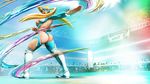  :o ass blonde_hair blue_eyes blue_leotard breasts crowd curvy domino_mask floating_hair from_behind full_body highres large_breasts leotard long_hair looking_back mask official_art open_mouth outstretched_arm rainbow_mika solo_focus standing street_fighter street_fighter_v twintails twisted_torso wrestling_outfit wrestling_ring 