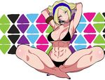  abs adjusting_hair bad_id bad_pixiv_id bikini black_bikini blonde_hair blue_eyes blue_mary blue_nails breasts cleavage collarbone fatal_fury full_body hairband highres hohehohe huge_breasts nail_polish navel sitting solo swimsuit the_king_of_fighters 