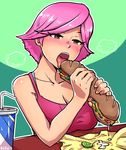 akairiot bad_id bad_tumblr_id bangs blush breast_rest breasts brown_eyes camisole cleavage collarbone doubutsu_no_mori eating food large_breasts open_mouth parted_bangs phallic_symbol pink_hair sandwich sexually_suggestive short_hair solo super_smash_bros. taut_clothes tongue tongue_out villager_(doubutsu_no_mori) 