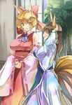  animal_ears ascot bare_shoulders blonde_hair bow breasts brown_hair commentary_request cosplay costume_switch detached_sleeves dress fox_ears fox_tail hair_bow hairband hakurei_reimu hakurei_reimu_(cosplay) large_breasts long_hair multiple_girls multiple_tails open_mouth short_hair smile tabard tail touhou tree wide_sleeves yakumo_ran yakumo_ran_(cosplay) yellow_eyes yohane 