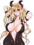  1girl arms_up blonde_hair bodysuit breasts brown_eyes cleavage demon_girl horns huge_breasts long_hair no_bra simple_background smh1069 solo unzipped 