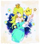  bare_shoulders blonde_hair blue_dress blue_eyes chiko_(mario) crown dress earrings hair_over_one_eye holding jewelry long_hair long_sleeves mario_(series) poo_(donkan_gokko) rosetta_(mario) solo star super_mario_bros. super_mario_galaxy wand 