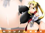  1girl ass bare_shoulders blonde_hair blush breast_hold breast_lift breasts collar erect_nipples female full-face_blush gauntlets gigantic_breasts hand_on_ass hg_chagawa huge_ass long_hair long_twintails looking_at_viewer open_mouth red_eyes shiny_clothes simple_background smile solo sweat zoom_layer 