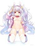  1girl :o animal_ears arm_up ass_visible_through_thighs azur_lane bare_shoulders bikini blush bow breasts bunny_ears collarbone commentary_request full_body groin hair_ornament hairband jacket kurot laffey_(azur_lane) long_hair long_sleeves looking_at_viewer navel off_shoulder open_clothes open_jacket parted_lips pink_bow pink_jacket red_eyes red_hairband salute shoes silver_hair small_breasts solo swimsuit thighhighs twintails twitter_username very_long_hair white_background white_bikini white_footwear white_legwear 