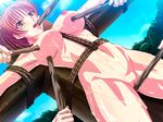  1girl aikawa_arisa bdsm bondage bound breasts censored game_cg kangokutou midriff misaki_natsuno navel nipples nude open_mouth pink_hair ponytail pussy rope sky stick wet yellow_eyes 