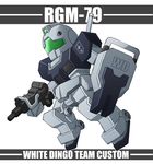  chibi gm_(mobile_suit) gun gundam gundam_side_story:_rise_from_the_ashes mecha no_humans shield solo striped_background weapon 