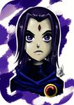  1girl bindi cartoon_network cloak dc_comics portrait purple_eyes purple_hair raven_(dc) solo teen_titans 